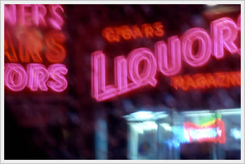 Neon signs, Werners (?) Liquor Store, corner of Geary and Larkin, San Francisco, February 17, 1994: click for larger image