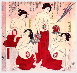 Detail from a Japanese ukiyo-e print showing the 10 months of pregancy: click to access complete print